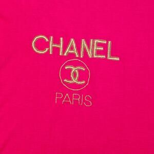 Vintage 80s Chanel Pink T-Shirt with Gold Logo